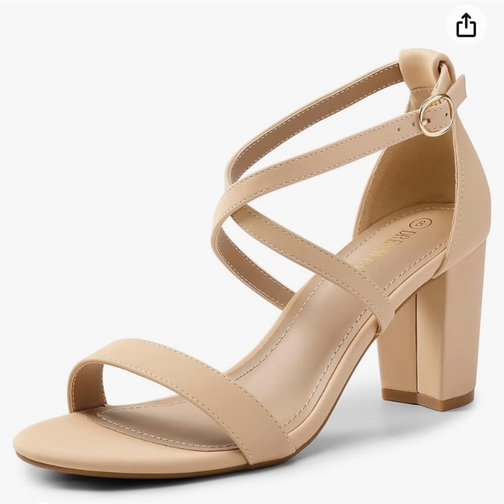 Dream Pairs tan ankle strappy chunky heal dress shoes.